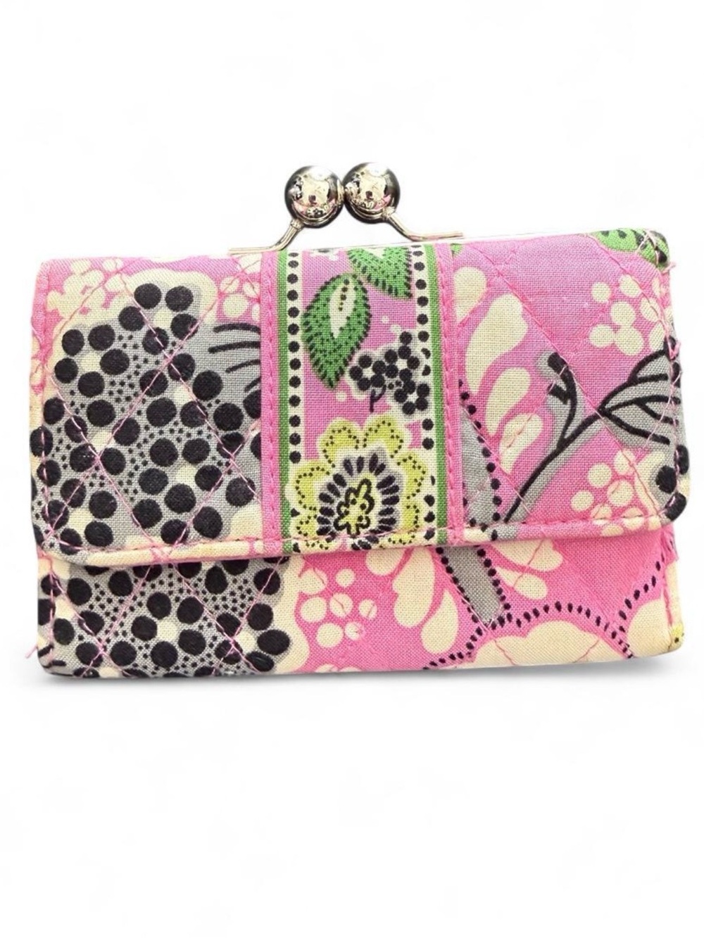 VERA BRADLEY quilted kiss lock wallet. Pink, green, and black floral print.